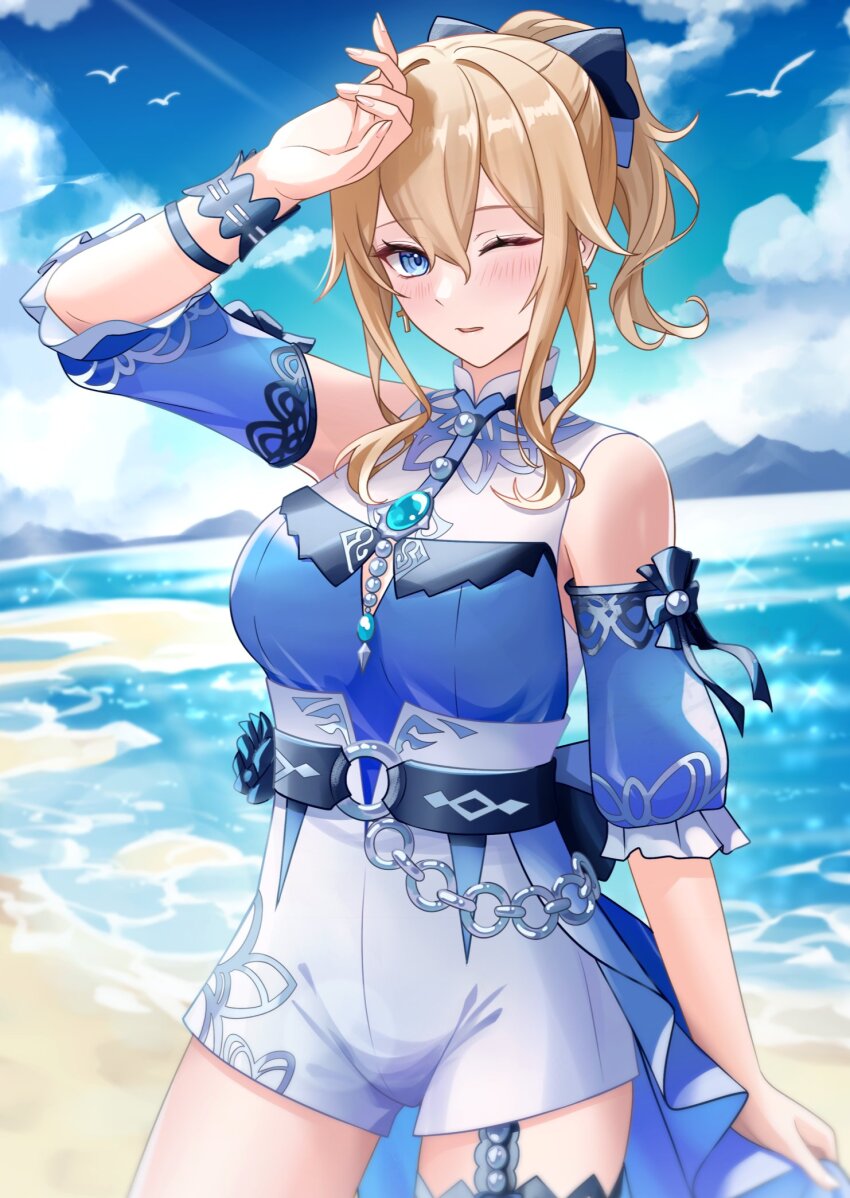 1girl belt blonde_hair blue_eyes blue_shirt blue_sky blue_sleeves bow breasts commentary_request cross cross_earrings detached_sleeves earrings genshin_impact hair_between_eyes hair_bow high-waist_shorts highres jean_(genshin_impact) jean_(sea_breeze_dandelion)_(genshin_impact) jewelry large_breasts long_hair looking_at_viewer mon-chan o-ring o-ring_belt ocean official_alternate_costume one_eye_closed outdoors ponytail shirt shorts sky sleeveless sleeveless_shirt solo white_shorts
