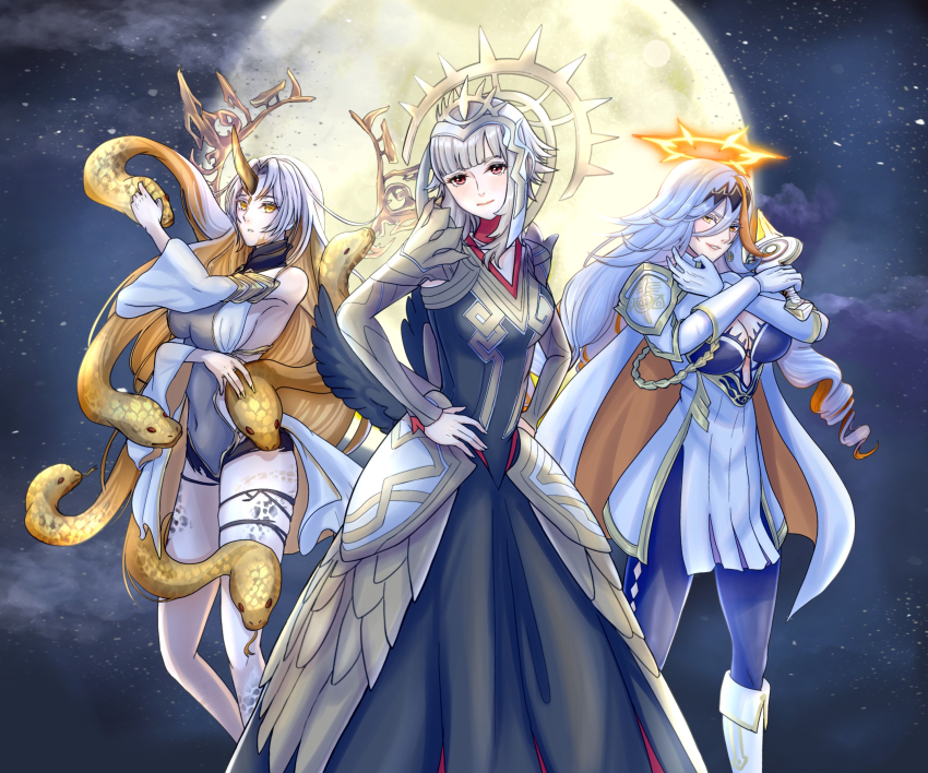3girls absurdres baldr_(fire_emblem) baldr_(fire_emblem_heroes) boots breasts cape center_opening cleavage crossed_arms dress fake_halo fire_emblem fire_emblem_heroes gloves grey_hair gullveig_(fire_emblem) halo hands_on_own_hips heterochromia highres holding holding_sword holding_weapon horns jojo_pose kousetu0506 large_breasts leotard long_hair looking_at_viewer medium_breasts moon multiple_girls night night_sky nintendo official_alternate_costume official_alternate_hairstyle red_eyes ringlets short_hair short_hair_with_long_locks shoulder_pads sideboob sidelocks single_horn sky smile snake_hair sword tiara trait_connection veronica_(fire_emblem) weapon yellow_eyes