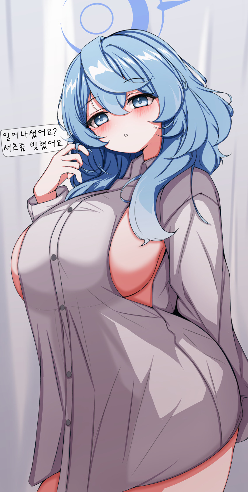 1girl absurdres ako_(blue_archive) alternate_costume blue_archive blue_eyes blue_hair blush borrowed_clothes breasts commentary_request gbr20210907 halo highres huge_breasts indoors korean_text long_hair looking_at_viewer no_pants oversized_clothes oversized_shirt shirt sideboob sideboob_cutout solo speech_bubble thighs translation_request white_shirt