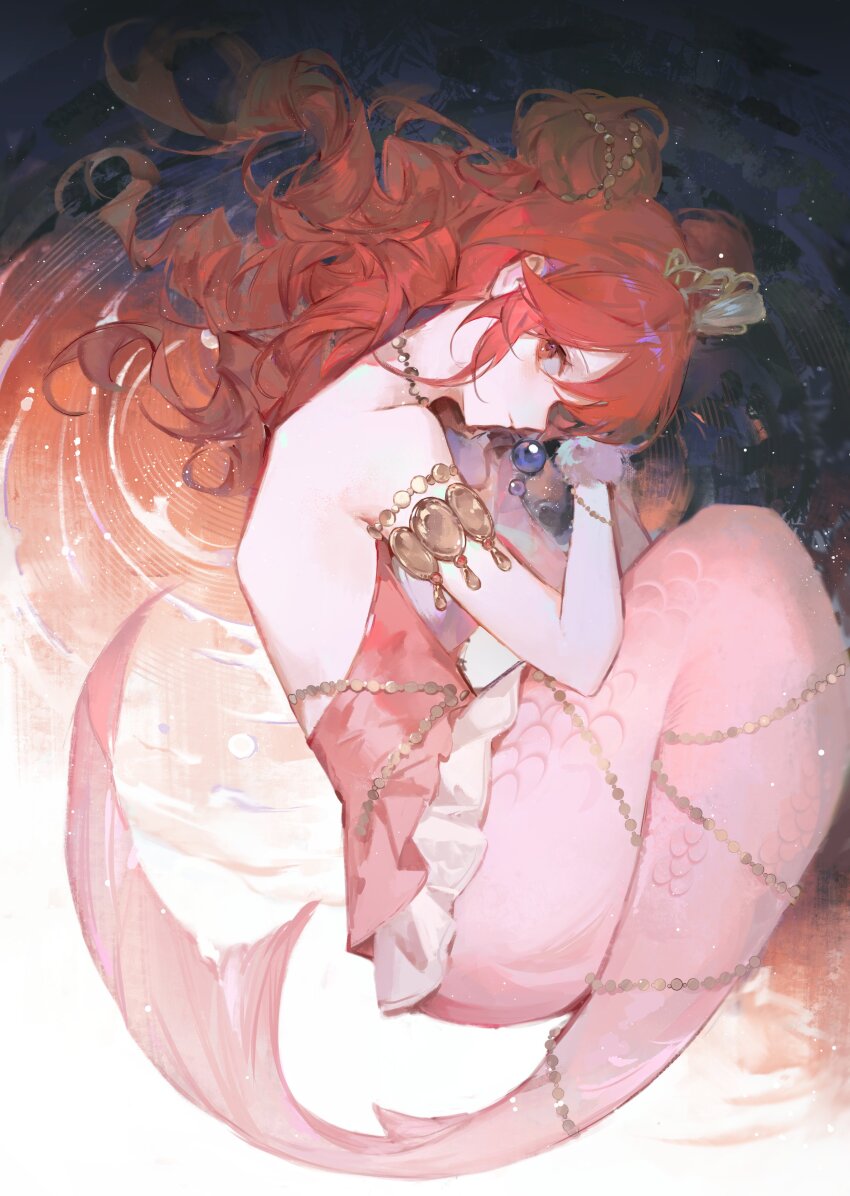 1girl absurdres aged_up backless_shirt bare_back closed_mouth cloud double_bun drill_hair expressionless eyelashes fine_(futagohime) fins fish_tail frilled_shirt frills full_body fur_cuffs fushigiboshi_no_futago_hime gold_armlet gold_choker gold_tiara hair_between_eyes hair_bun hair_spread_out highres jewelry light_particles long_hair looking_at_viewer lying mermaid monster_girl monsterification on_side pink_shirt pink_tattoo pointy_nose red_eyes red_hair reflection reflective_water ripples shirt sky solo star_(sky) starry_sky tail twilight very_long_hair white_wrist_cuffs wrist_cuffs xi_xishao