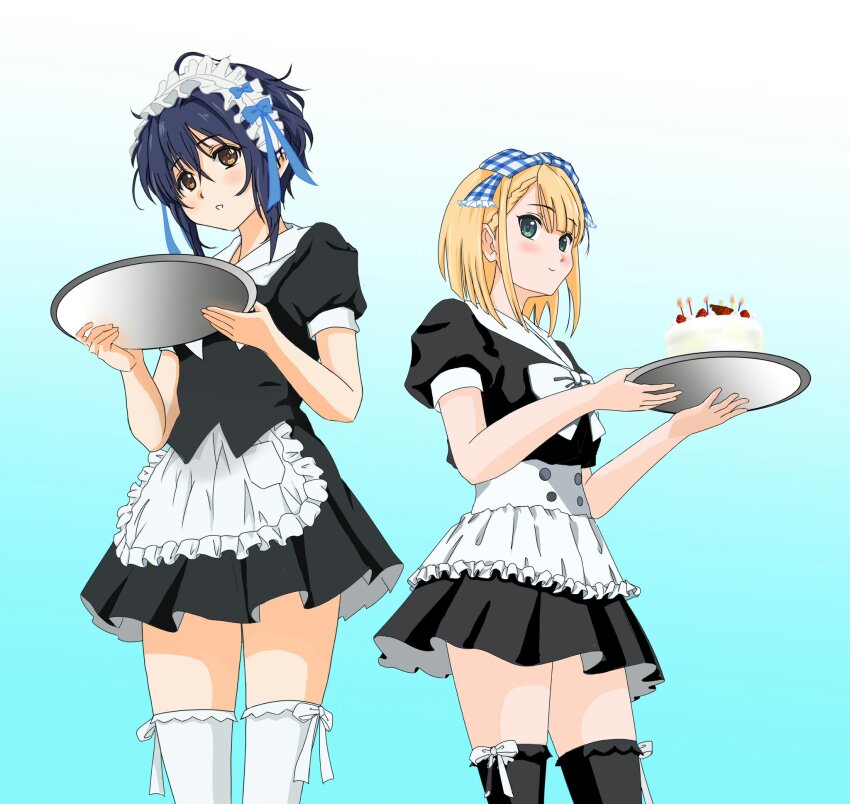22/7 2girls alternate_costume apron black_dress black_hair black_socks blonde_hair bow brown_eyes bxtbsy7q76gxh73 cake closed_mouth dress enmaided food frilled_apron frills from_below green_eyes hair_ribbon highres holding holding_tray maid maid_apron maid_day maid_headdress multiple_girls parted_lips ribbon saito_nicole socks strawberry_shortcake takigawa_miu tray white_apron white_socks