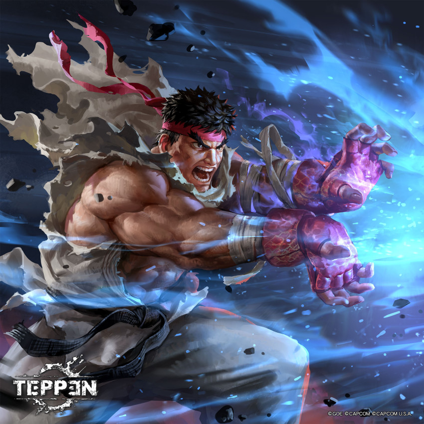 1boy abs aura baggy_pants bara bare_shoulders biceps commentary debris dougi dragon_ball energy english_commentary eyebrows_visible_through_headband feet_out_of_frame fighting_stance fingerless_gloves forked_eyebrows frown gloves glowing hadouken headband highres jeremy_chong kamehameha_(dragon_ball) large_pectorals male_focus mature_male mma_gloves muscular muscular_male official_art open_hands open_mouth pants pectorals red_gloves ryu_(street_fighter) shirt short_hair solo stomach street_fighter teppen thick_eyebrows torn_clothes torn_shirt white_pants wind
