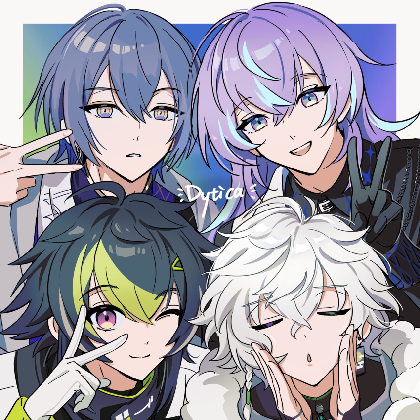 4boys :o ahoge attsei black_gloves black_jacket blue_background blue_eyes blue_hair border closed_eyes closed_mouth colored_inner_hair commentary_request dytica_(nijisanji) earrings gloves gradient_background green_background green_eyes green_hair highres hoshirube_sho hoshirube_sho_(1st_costume) inami_rai inami_rai_(1st_costume) jacket jewelry koyanagi_rou koyanagi_rou_(1st_costume) long_hair looking_at_viewer male_focus multicolored_eyes multicolored_hair multiple_boys murakumo_kagetsu murakumo_kagetsu_(1st_costume) nijisanji one_eye_closed open_mouth pink_eyes purple_background purple_hair short_hair single_earring smile streaked_hair two-tone_eyes upper_body v v_over_eye virtual_youtuber white_gloves white_hair white_jacket yellow_eyes