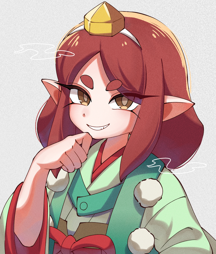 1girl brown_hair grin hat highres karura_(youkai_watch) looking_at_viewer pipiko. pointy_ears smile solo tengu tokin_hat youkai_watch