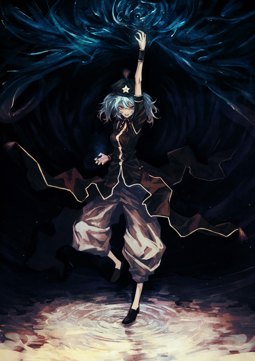 1girl arm_up baggy_pants black_background black_footwear black_headwear black_shirt blue_eyes blue_hair blue_nails commentary_request cosplay female_focus hair_bobbles hair_ornament highres hong_meiling hong_meiling_(cosplay) joker_(stjoker) kawashiro_nitori koumajou_densetsu looking_at_viewer medium_hair nail_polish open_mouth pants red_ribbon ribbon ripples shirt short_sleeves solo standing standing_on_liquid standing_on_one_leg star_(symbol) touhou two_side_up white_legwear wristband