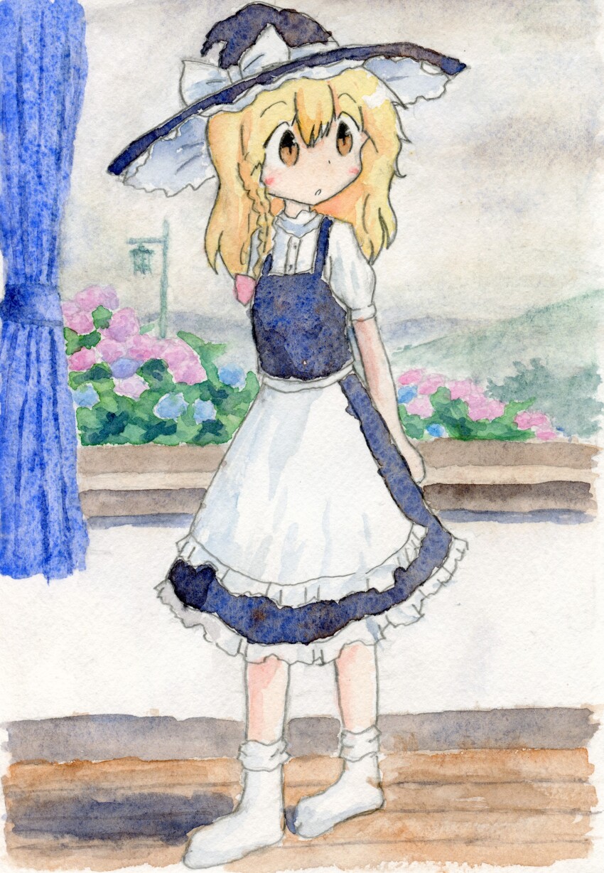 absurdres aiu_(user_dujw2424) apron black_dress black_hat blonde_hair curtains dress flower frilled_apron frills full_body hat highres hydrangea indoors kirisame_marisa long_hair looking_to_the_side no_shoes painting_(medium) short_sleeves socks standing touhou traditional_media waist_apron watercolor_(medium) white_apron white_socks window witch_hat wooden_floor yellow_eyes