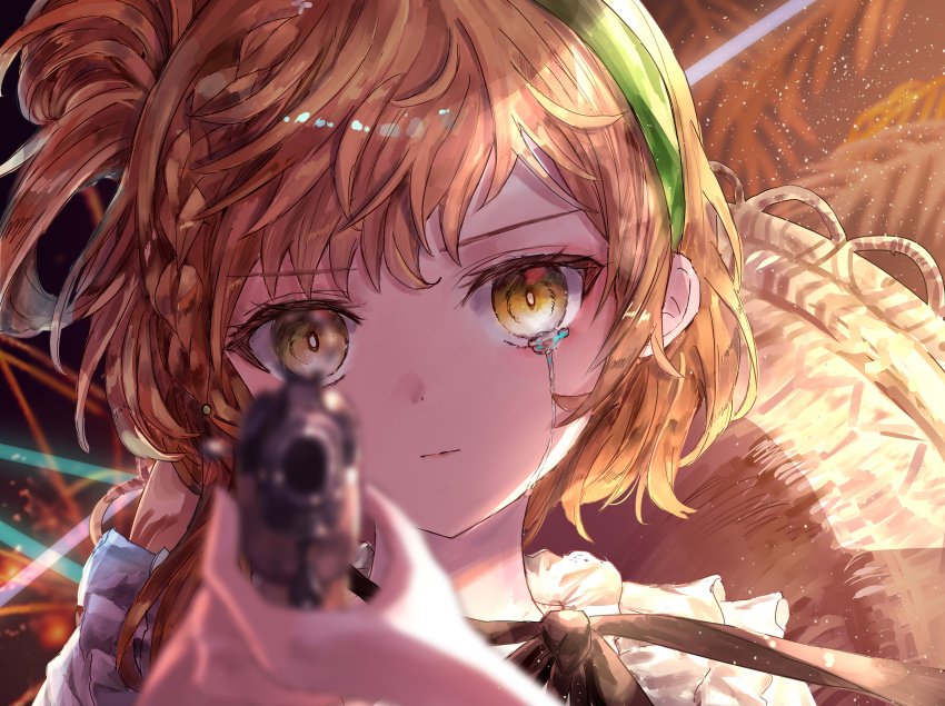 1girl absurdres aiming aiming_at_viewer blurry blurry_foreground brown_background closed_mouth crying crying_with_eyes_open green_hairband gun hairband hands_up hat hat_on_back highres holding holding_gun holding_weapon looking_at_viewer lopera_(reverse:1999) orange_eyes orange_hair portrait reverse:1999 side_ponytail solo straw_hat streaming_tears suzushina tears v-shaped_eyebrows weapon yellow_hat