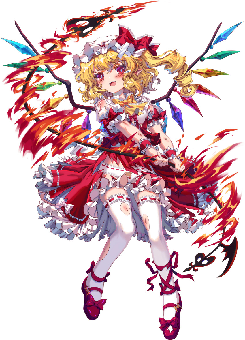 1girl absurdres animal_print bear_print blonde_hair blue_gemstone bra center_frills crossed_bandaids crystal_wings fangs fire flandre_scarlet footwear_ribbon frilled_skirt frilled_sleeves frilled_thighhighs frilled_wrist_cuffs frills game_cg gem green_gemstone hat highres holding holding_weapon injury kumio laevatein_(touhou) leg_ribbon mary_janes mob_cap non-web_source orange_gemstone panties pointy_ears purple_gemstone red_eyes red_gemstone red_ribbon red_shoes red_skirt red_vest red_wrist_cuffs ribbon shirt shoes side_ponytail skirt solo tachi-e teardrop thighhighs torn_clothes torn_footwear torn_ribbon torn_shoes torn_skirt torn_sleeves torn_thighhighs torn_vest touhou touhou_blooming_chaos underwear vest weapon white_bra white_hat white_panties white_shirt white_sleeves white_thighhighs wrist_cuffs yellow_gemstone yellow_ribbon zettai_ryouiki