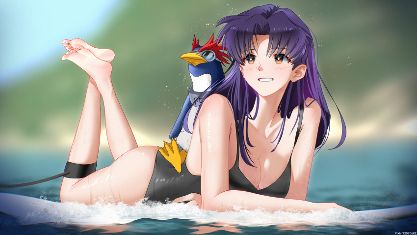 1girl absurdres barefoot bird black_one-piece_swimsuit blue_sky blurry blurry_background bodyboard botttomtext brown_eyes casual_one-piece_swimsuit day highres katsuragi_misato long_hair lying neon_genesis_evangelion on_stomach one-piece_swimsuit outdoors penguin penpen purple_eyes sky swimsuit the_pose water waves