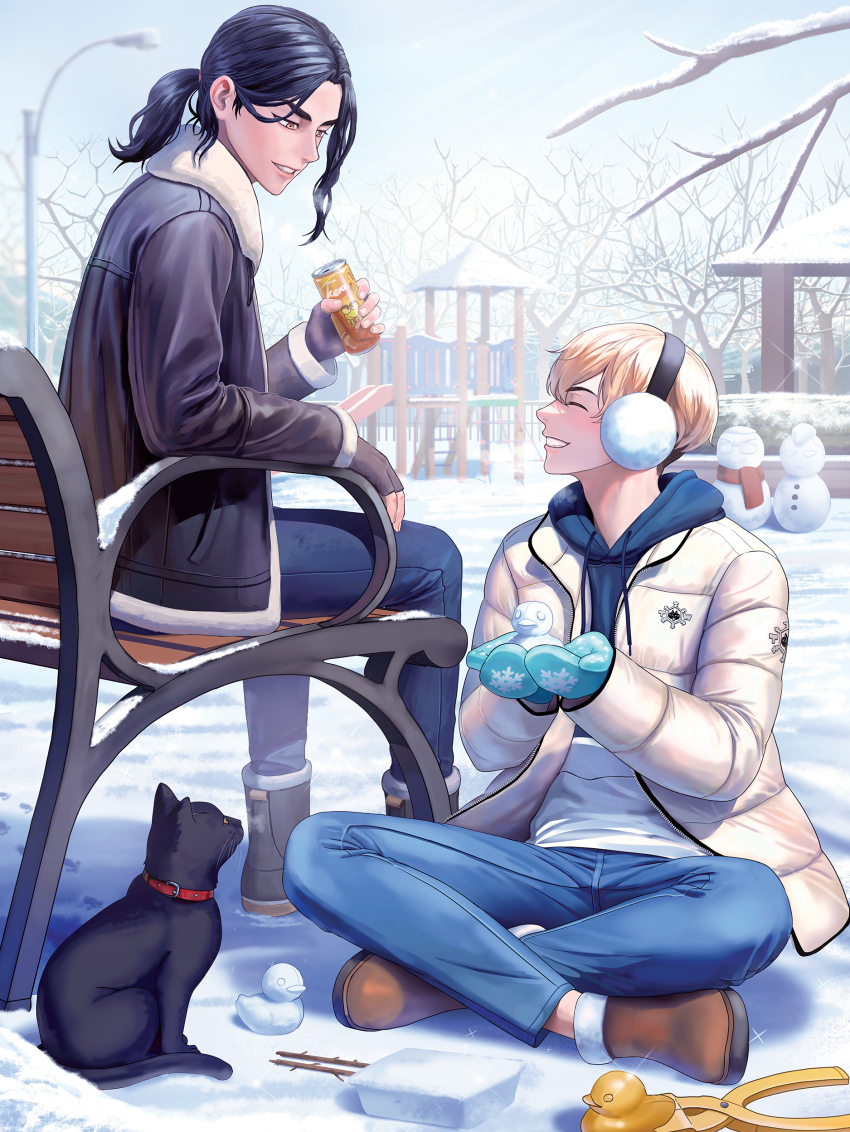 2boys absurdres baji_keisuke black_cat black_coat black_gloves black_hair blonde_hair blue_hoodie boots can cat character_request closed_eyes coat craple crossed_legs day denim earmuffs fingerless_gloves gloves highres holding holding_can hood hood_down hoodie lamppost looking_at_another male_focus matsuno_chifuyu medium_hair mittens multiple_boys outdoors parted_lips playground ponytail rubber_duck short_hair sitting snow snowman tokyo_revengers white_coat yaoi
