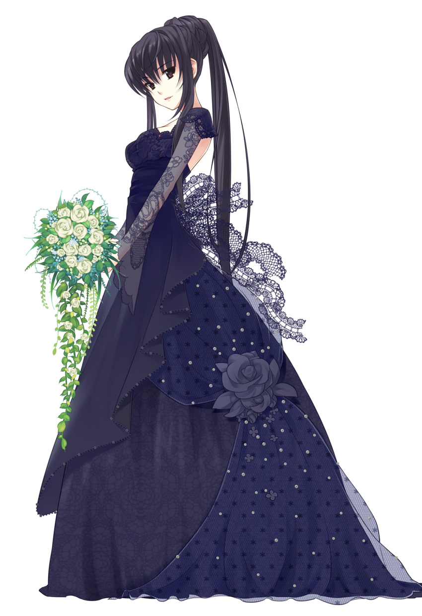 1girl alternate_costume black_dress black_eyes black_hair bouquet dress ever_17 female_focus flower hair_up highres komachi_tsugumi leaf long_hair open_mouth ponytail rose solo standing takigawa_yuu very_long_hair wedding_dress white_flower white_rose