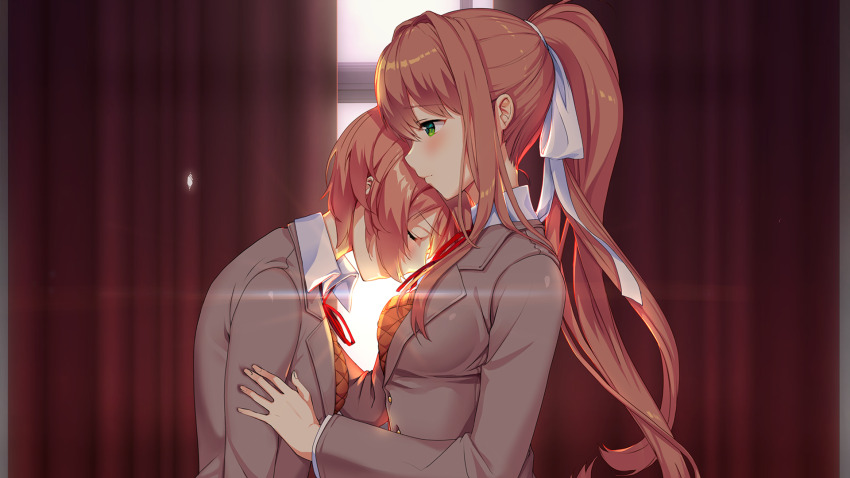 2girls blazer blush bow breasts brown_hair brown_jacket brown_sweater_vest buttons closed_eyes collared_shirt commentary curtains day doki_doki_literature_club doki_doki_literature_club doki_doki_literature_club_school_uniform dress_shirt english_commentary eyebrows_hidden_by_hair fingernails floating_hair from_side furrowed_brow game_cg green_eyes grey_jacket hair_bow hair_intakes half-closed_eyes hand_on_another&#039;s_arm hand_on_another&#039;s_shoulder head_on_another&#039;s_shoulder heavy_lens_flare high_ponytail highres indoors jacket large_bow leaning_forward leaning_on_person lens_flare light_frown long_eyelashes long_hair long_sleeves lucidsky medium_breasts monika_(doki_doki_literature_club) multiple_girls neck_ribbon non-circular_lens_flare non-web_source official_art ponytail profile raised_inner_eyebrows red_ribbon ribbon satchely sayori_(doki_doki_literature_club) school_uniform shirt short_hair sidelocks squchan sunlight sweater_vest thick_eyelashes upper_body very_long_hair wavy_hair white_bow white_shirt window wing_collar