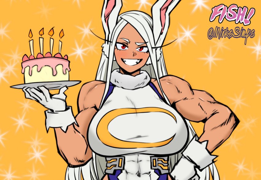 1girl :d animal_ears artist_collaboration artist_name bare_shoulders boku_no_hero_academia breasts cake candle colorized commentary covered_abs covered_navel crescent_print dark-skinned_female dark_skin english_commentary female_focus fire food fur_collar gloves grin hand_on_own_hip hand_up highleg highleg_leotard highres holding holding_plate large_breasts leotard long_eyelashes long_hair looking_at_viewer mirko mirkosimps muscular muscular_female open_mouth orange_background parallaxfused parted_bangs plate rabbit_ears rabbit_girl red_eyes simple_background sleeveless_turtleneck_leotard smile solo sparkle taut_leotard twitter_username upper_body very_long_hair white_gloves white_hair white_leotard