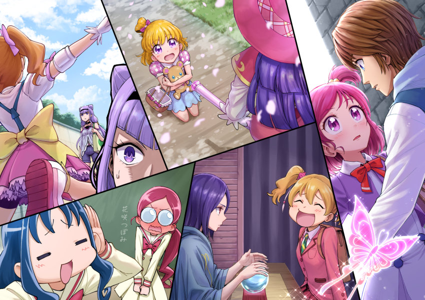 1boy 6+girls aisaki_emiru asahina_mirai bag basket bike_shorts bike_shorts_under_skirt black_choker black_shorts blazer blonde_hair blue_eyes blue_hair blue_robe blue_shorts blue_skirt blue_vest blush bow bowtie brown_bag brown_hair bug butterfly capelet choker closed_eyes cloud coco_(yes!_precure_5) commentary cone_hair_bun crystal_ball double_bun dress fresh_precure! glasses gloves hair_bobbles hair_bow hair_bun hair_ornament hanasaki_tsubomi hat heartcatch_precure! higashi_setsuna highres holding holding_stuffed_toy hood hooded_vest hoodie hugtto!_precure insect itou_shin&#039;ichi izayoi_liko jacket kokoda_kouji kurumi_erika l&#039;ecole_des_cinq_lumieres_school_uniform long_hair long_sleeves magic_school_uniform_(mahou_girls_precure!) mahou_girls_precure! medium_hair mofurun_(mahou_girls_precure!) momozono_love multiple_girls myoudou_gakuen_middle_school_uniform necktie open_mouth petals pink_bow pink_eyes pink_hair pink_scrunchie pink_shirt pink_shoes pink_skirt pleated_dress pleated_skirt precure public_yotsuba_middle_school_uniform purple_dress purple_eyes purple_hair purple_jacket red_bow red_bowtie red_capelet red_eyes red_hat red_jacket red_skirt robe ruru_amour school_bag school_uniform scrunchie shirt shoes short_hair shorts skirt sky smile socks stuffed_animal stuffed_toy teddy_bear tree twintails two-tone_necktie two_side_up vest white_gloves white_shirt witch_hat yellow_bag yellow_shirt yellow_skirt yellow_socks yes!_precure_5 yumehara_nozomi