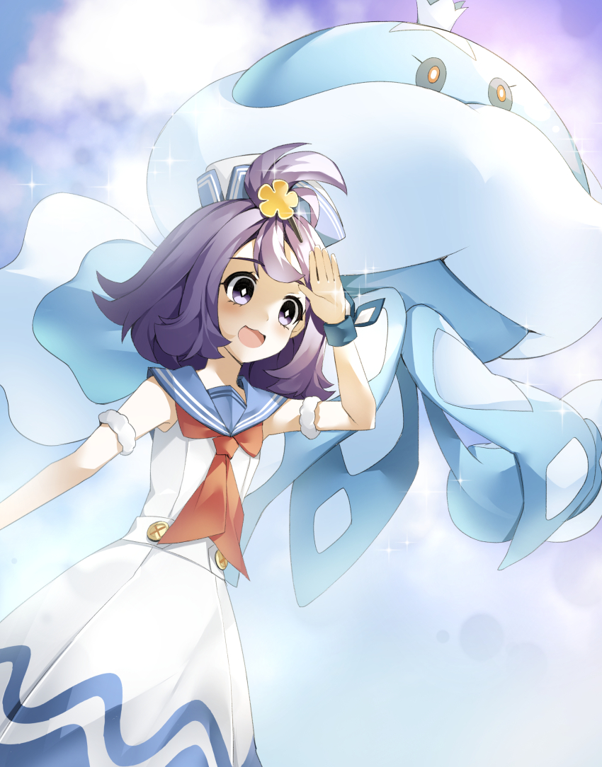 +_+ 1girl :d absurdres acerola_(pokemon) acerola_(summer_2024)_(pokemon) armlet blue_sailor_collar buttons cloudsmoothie commentary_request dress gen_5_pokemon grey_eyes hair_ornament happy highres jellicent jellicent_(male) jewelry nintendo official_alternate_costume open_mouth pokemon pokemon_(creature) pokemon_masters_ex purple_hair sailor_collar sleeveless sleeveless_dress smile sparkle topknot white_dress wristband