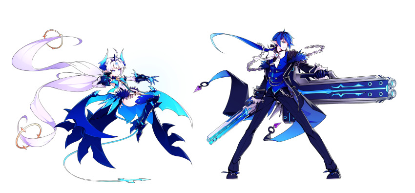 1boy 1girl absurdly_long_hair absurdres ahoge armored_boots black_boots black_coat black_gloves black_pants black_shoes blue_bow blue_bowtie blue_coat blue_eyes blue_hair blue_horns blue_skirt blue_tail blue_theme blue_vest blue_wings boots bow bowtie brooch buttons chain chain_belt ciel_(elsword) claws closed_mouth coat coattails demon_girl demon_horns demon_tail demon_wings detached_sleeves dress dress_pants dress_shoes dual_wielding elsword floating floating_clothes floating_hair full_body fur-trimmed_dress fur-trimmed_sleeves fur_trim game_cg gloves hand_on_own_cheek hand_on_own_face high_heel_boots high_heels highres holding holding_cannon holding_sword holding_weapon horns huge_weapon hwansang jewelry knee_boots long_hair long_skirt long_sleeves low_wings luciela_r._sourcream official_art open_clothes open_coat outstretched_arm pants pointy_ears second-party_source shoes short_dress showgirl_skirt skirt sleeve_cuffs smile standing strapless strapless_dress swept_bangs sword tachi-e tail thighs transparent_background two-sided_coat two-sided_fabric v-shaped_eyebrows very_long_hair vest weapon white_background white_bow white_bowtie white_hair white_sleeves wings