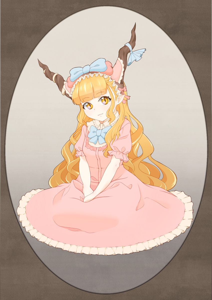 1girl absurdres alternate_costume blonde_hair blue_bow blue_bowtie blunt_bangs blush border bow bowtie brown_border brown_horns closed_mouth commentary_request dress frilled_dress frilled_sleeves frills full_body hair_bow highres horn_bow horn_ornament horns ibuki_suika kurohiba lolita_fashion long_dress long_hair looking_at_viewer orange_eyes pink_dress pointy_ears puffy_short_sleeves puffy_sleeves short_sleeves sitting smile solo touhou very_long_hair wavy_hair