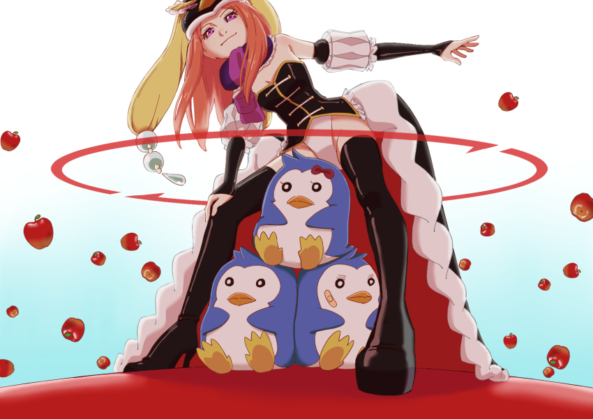 1girl apple bird falling food fruit highres long_hair looking_at_viewer mawaru_penguindrum na1gahama orange_eyes orange_hair penguin solo spread_legs stuffed_animal stuffed_toy takakura_himari