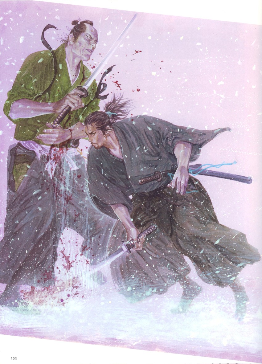 2boys absurdres bald beard blood cut_band death duel facial_hair frown highres holding inoue_takehiko japanese_clothes katana kimono male_focus miyamoto_musashi multiple_boys mustache obi open_mouth ponytail sabre sash sega severed_hand shining_(series) shining_blade simple_background snow snowing standing sword vagabond wakizashi weapon white_eyes yoshioka_denshichirou
