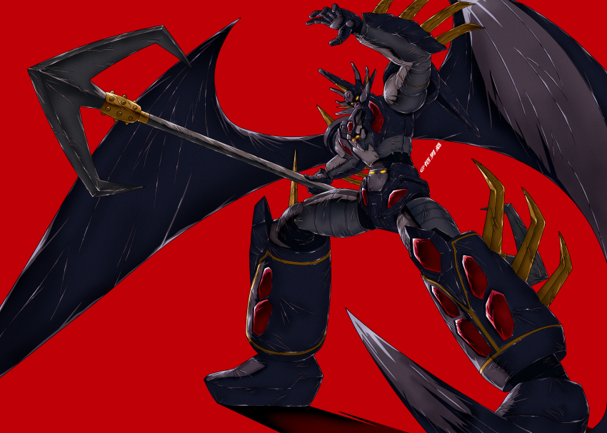 absurdres armlet armor getter_noir_g getter_robo glaive_(polearm) halberd highres holding holding_polearm holding_weapon ishikawa_ken_(style) jewelry kainansang lance mecha mecha_focus multiple_faces no_humans polearm robot science_fiction solo spear spiked_armlet spikes super_robot super_robot_wars super_robot_wars_dd trident weapon wings yellow_eyes