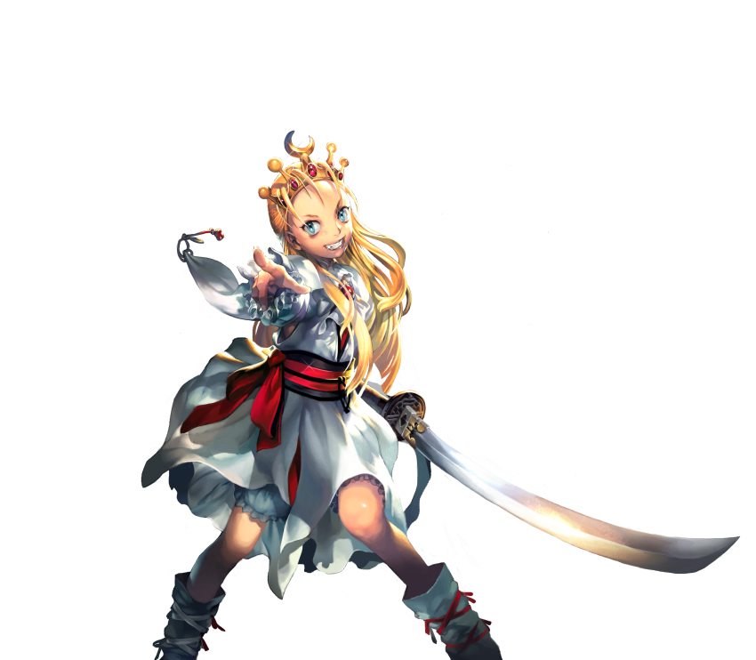 1girl absurdres adapted_costume armored_warriors blonde_hair bloomers blue_eyes boots capcom crown cyberbots devilot_de_deathsatan_ix dress female_focus flat_chest forehead grin hair_slicked_back highres japanese_clothes juno_jeong long_hair obi official_art onimusha_soul pointing pointing_forward sash smile solo sword underwear weapon