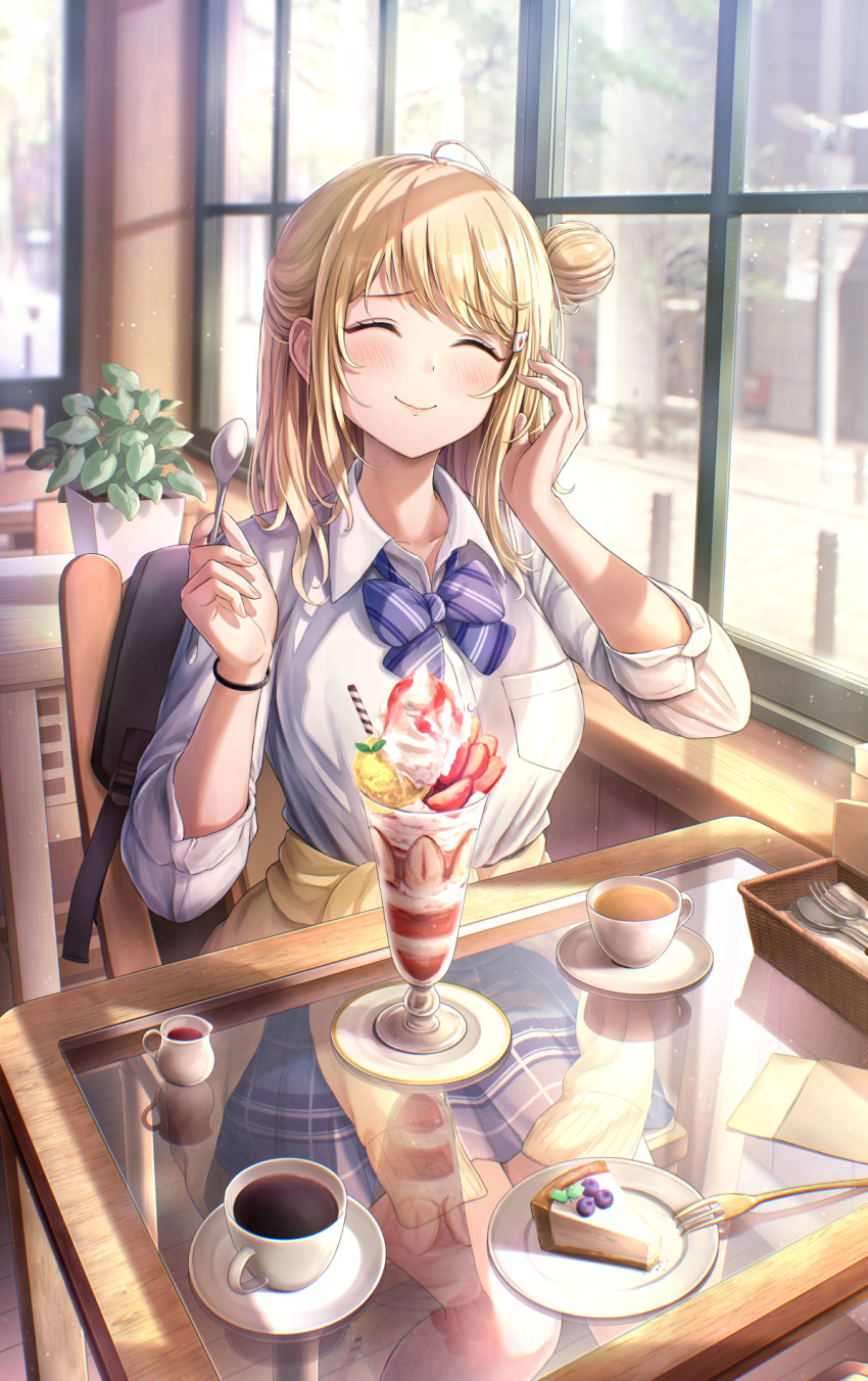 1girl ^_^ blonde_hair blue_bow blue_bowtie blue_skirt blush bow bowtie breast_pocket breasts cafe cake cake_slice closed_eyes clothes_around_waist collared_shirt cup diagonal-striped_bow diagonal-striped_bowtie diagonal-striped_clothes food fork glass_table hair_bun hair_ornament hair_over_shoulder hairpin hand_in_own_hair hand_up highres holding holding_spoon ice_cream ice_cream_float jacket jacket_around_waist long_hair medium_breasts miniskirt napkin on_chair original pink_nails plaid_clothes plaid_skirt plant plate pocket potted_plant road school_uniform shirt sidelocks single_hair_bun sitting skirt sleeves_rolled_up smile solo spoon street striped_clothes table tea teacup tokeshi white_shirt window wing_collar yellow_jacket