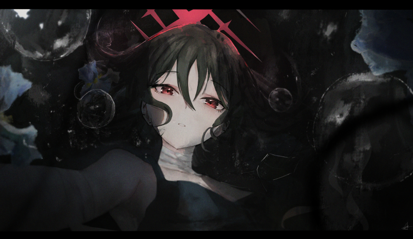 1girl absurdres bandage_on_neck bandaged_arm bandages black_tank_top blue_archive brown_hair commentary hair_between_eyes halo highres kyatto-mikazu looking_at_viewer misaki_(blue_archive) red_eyes red_halo short_hair solo tank_top upper_body