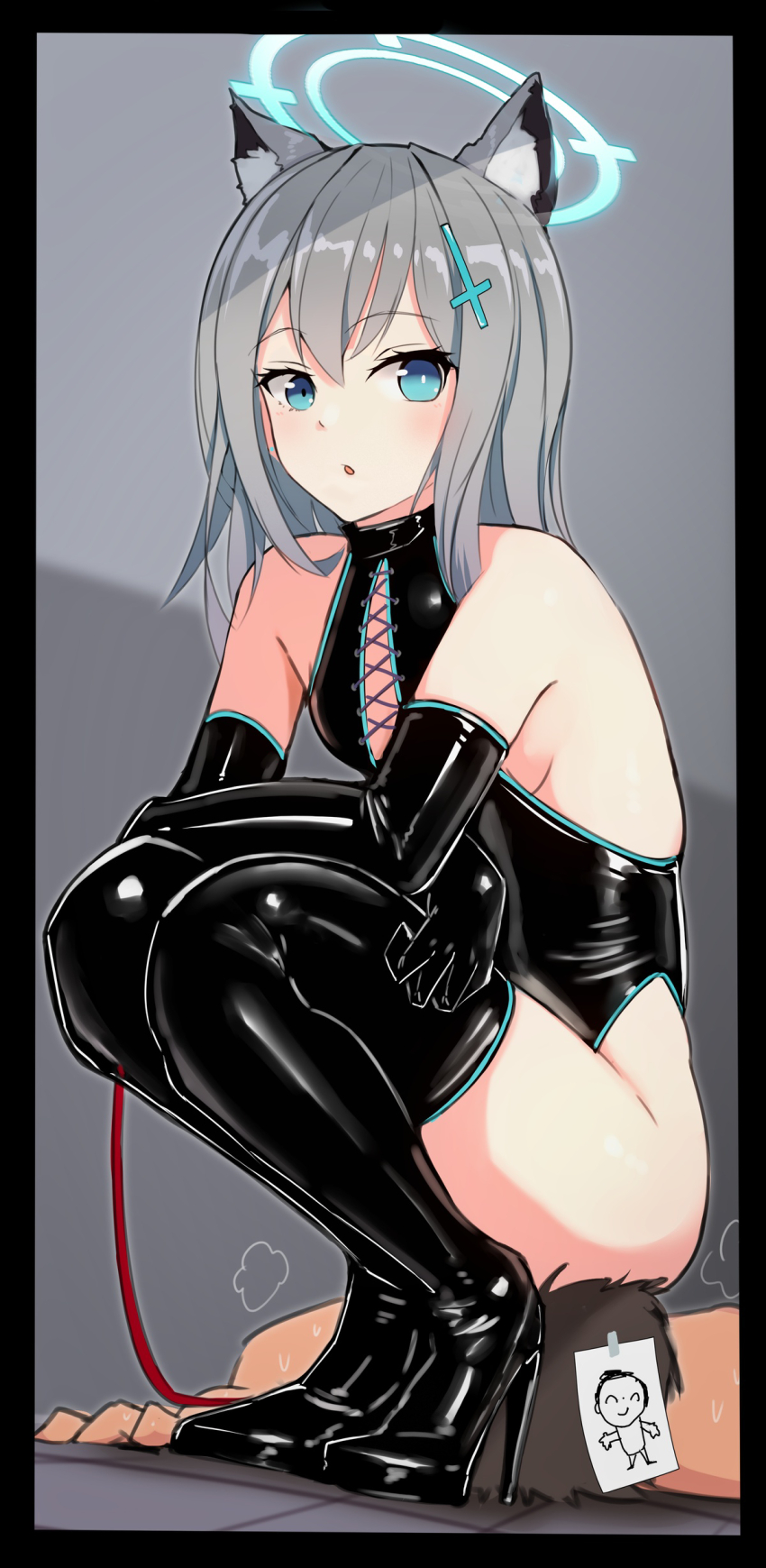 1boy 1girl absurdres animal_ear_fluff animal_ears bdsm black_border black_footwear black_gloves black_leotard blue_archive blue_eyes blush boots border breasts cross_hair_ornament dominatrix doodle_sensei_(blue_archive) elbow_gloves femdom gloves grey_background grey_hair hair_ornament halo high_heel_boots high_heels highres holding holding_leash katsuten leash leather leather_boots leather_gloves leather_leotard leotard looking_at_viewer sensei_(blue_archive) shiroko_(blue_archive) sitting sitting_on_face sitting_on_person small_breasts thigh_boots wolf_ears