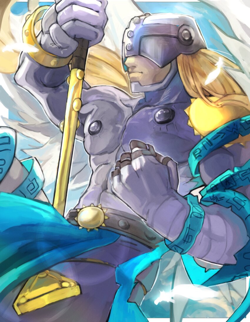 1boy absurdres angel_wings angemon arupg blonde_hair bodysuit clenched_hand covered_eyes cowboy_shot digimon digimon_(creature) helmet helmet_over_eyes highres holding holding_staff long_hair male_focus muscular muscular_male solo staff white_bodysuit white_wings wings