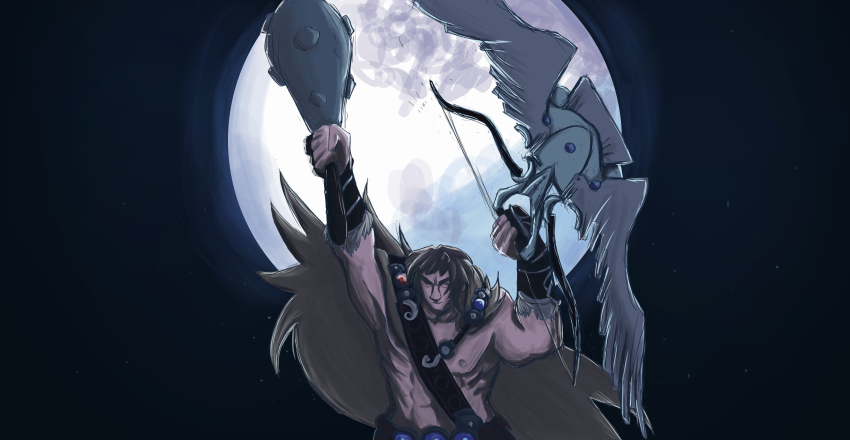 absurdres bow brown_hair closed_eyes fate/grand_order fate_(series) gems highres mace moon super_orion_(fate) weapon
