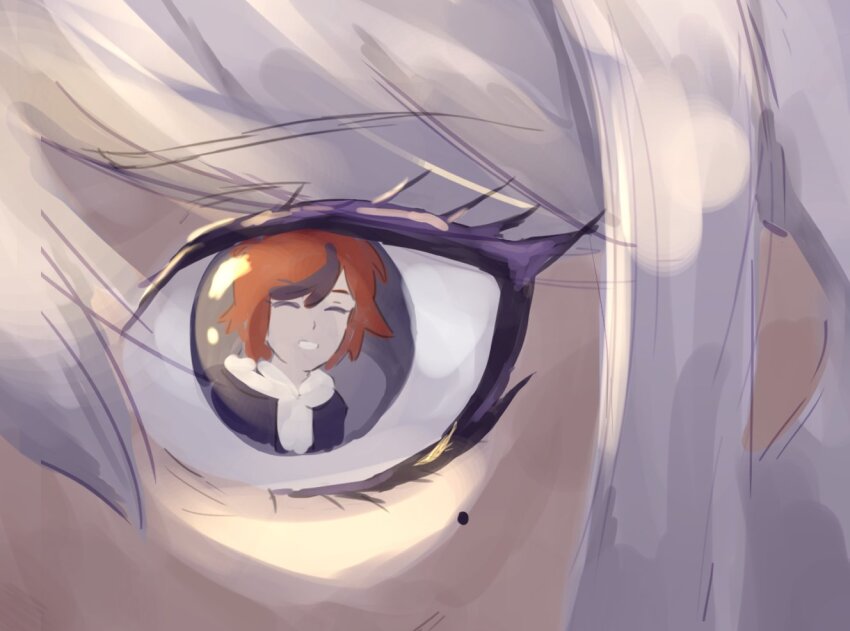 1boy 1girl black_hair closed_eyes colored_eyelashes eye_reflection eyelashes kirifuji_nozomi mole mole_under_eye multicolored_hair open_mouth red_hair reflection smile streaked_hair sumino_takumi the_hundred_line_-last_defense_academy- upper_body white_hair