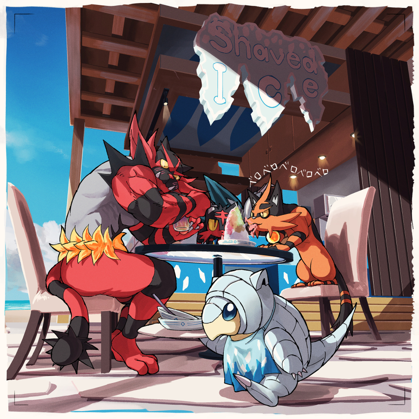 alolan_form alolan_sandshrew apron beach black_fur border colored_sclera commentary_request day eating evolutionary_line fangs fangs_out food gen_7_pokemon highres holding holding_plate how_long incineroar licking litten muscular nintendo no_humans ocean on_chair outdoors plate pokemon pokemon_(creature) pokemon_focus red_fur shaved_ice sitting sky table tail tongue tongue_out torracat viewfinder white_border yellow_sclera