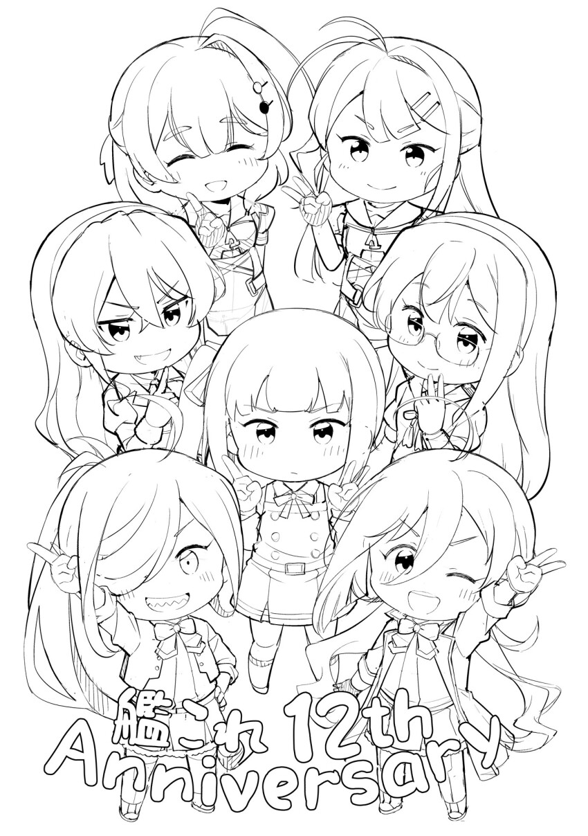 ahoge anniversary asashimo_(kancolle) asashimo_kai_ni_(kancolle) ashigara_(kancolle) ashigara_kai_ni_(kancolle) blunt_bangs chibi closed_eyes copyright_name dress greyscale grin highres index_finger_raised kantai_collection kasumi_(kancolle) kasumi_kai_ni_(kancolle) kaya_(kancolle) kiyoshimo_(kancolle) kiyoshimo_kai_ni_(kancolle) lineart long_hair looking_at_viewer monochrome ooyodo_(kancolle) ooyodo_kai_(kancolle) pinafore_dress pleated_dress school_uniform serafuku sharp_teeth short_hair sleeveless sleeveless_dress smile standing sugi_(kancolle) teeth tenshin_amaguri_(inobeeto) v
