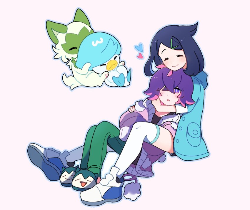 2girls black_hair blue_hair blue_jacket blush cuddling dot_(pokemon) full_body green_pants hair_ornament hairclip heart hug hug_from_behind jacket liko_(pokemon) multicolored_hair multiple_girls ni12345670 nintendo open_clothes open_jacket pants pink_hair pokemon pokemon_(anime) pokemon_(creature) pokemon_horizons purple_eyes purple_hair purple_jacket quaxly shoes short_hair sprigatito thighhighs two-tone_hair white_background white_thighhighs yuri