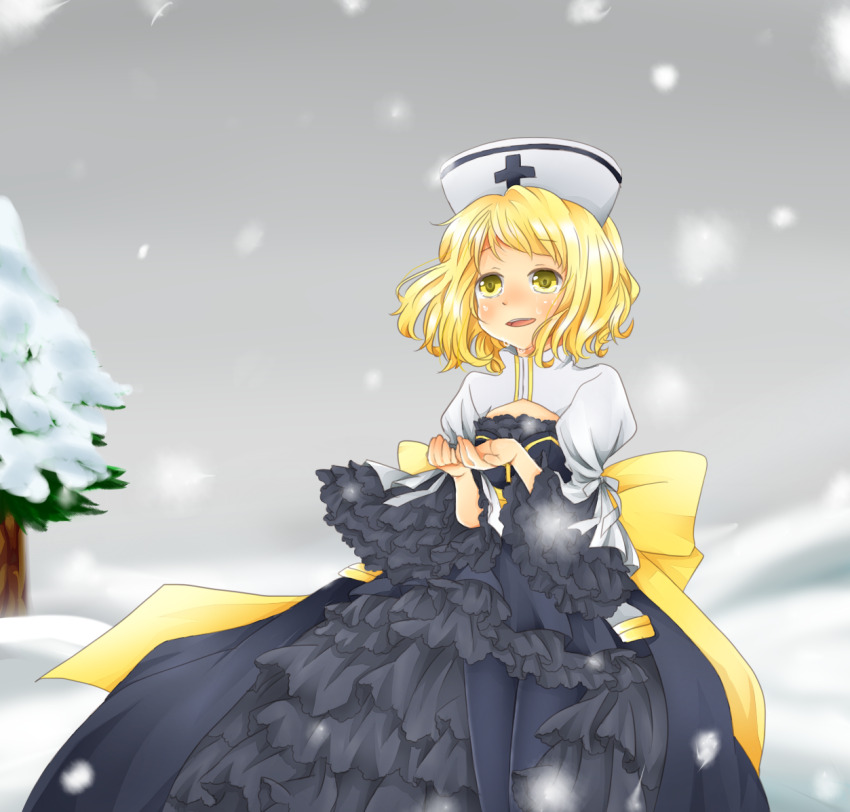 1girl arch_bishop_(ragnarok_online) back_bow black_dress black_pantyhose blonde_hair blush bow cleavage_cutout clothing_cutout commentary_request cowboy_shot cross cupping_hands day dress frilled_dress frills grey_dress grey_hat grey_sky hat juliet_sleeves long_sleeves looking_afar meiko_(nattu303) nurse_cap open_mouth overcast own_hands_together pantyhose puffy_sleeves ragnarok_online short_hair sky smile snow snowing solo tree two-tone_dress yellow_bow yellow_eyes
