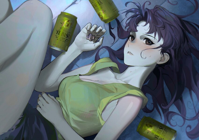 1girl absurdres alcohol beer_can blush breasts brown_eyes can cleavage cross cross_necklace drink_can highres holding holding_jewelry holding_necklace jewelry katsuragi_misato large_breasts long_hair looking_at_viewer lying necklace neon_genesis_evangelion on_side parted_lips purple_hair serpent_(pepepp39) short_shorts shorts solo sweat tank_top yebisu yellow_tank_top