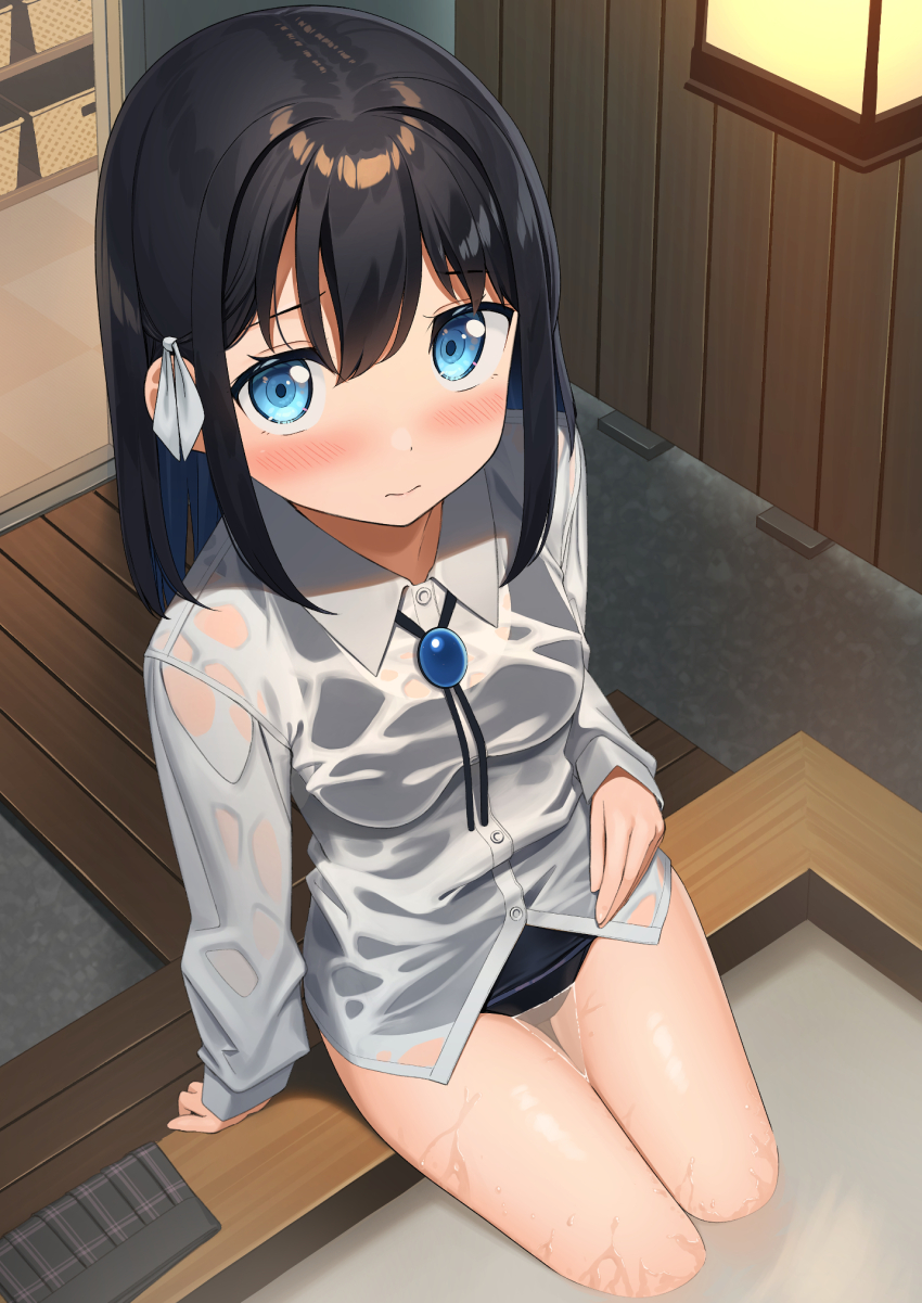 1girl 3: amulet apollo_(hu_maple) bath black_hair blue_eyes blue_hair blush breasts collared_shirt colored_inner_hair commentary_request dress_shirt furrowed_brow hair_between_eyes hair_intakes highres indoors long_sleeves looking_at_viewer looking_up medium_breasts medium_hair multicolored_hair ofuro one-piece_swimsuit original pleated_skirt school_swimsuit school_uniform see-through_clothes shirt shy skirt soaking_feet solo swimsuit swimsuit_under_clothes thighs unworn_skirt wakamezake wet wet_clothes white_shirt