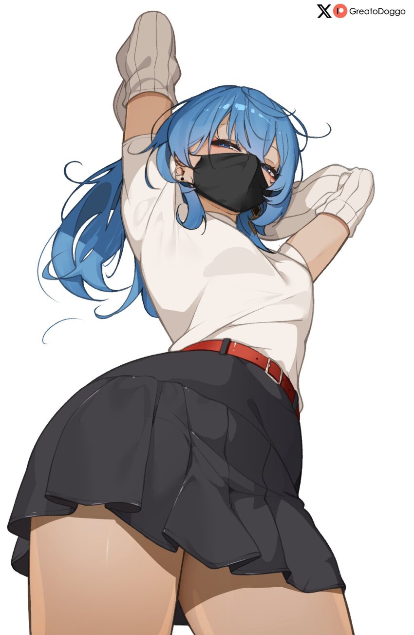 arms_on_head belt black_skirt blue_hair greatodoggo highres hololive hoshimachi_suisei mask mouth_mask red_belt shirt skirt thighs white_background white_shirt