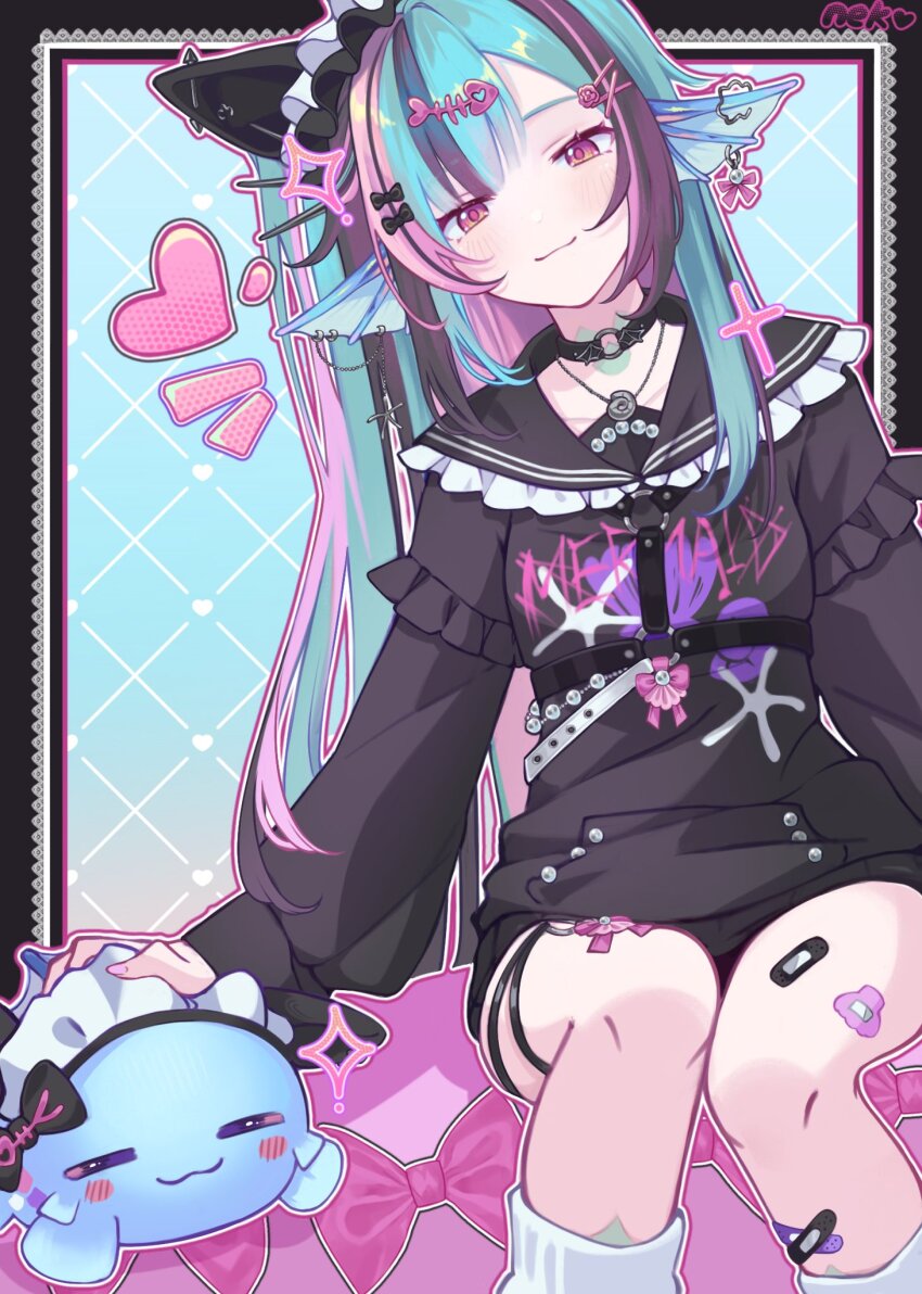 1girl :3 aqua_hair artist_name black_hair chest_harness choker earrings finana_ryugu finana_ryugu_(jirai_kei) fins fish_skeleton_hair_ornament hair_ornament hairclip harness head_fins heart highres jewelry knees_together_feet_apart light_smile looking_at_viewer loose_socks maid_headdress mu_ank multicolored_hair nijisanji nijisanji_en o-ring o-ring_choker petting pink_hair pink_nails purple_eyes ryuguard_(finana_ryugu) scales sitting socks sparkle streaked_hair virtual_youtuber