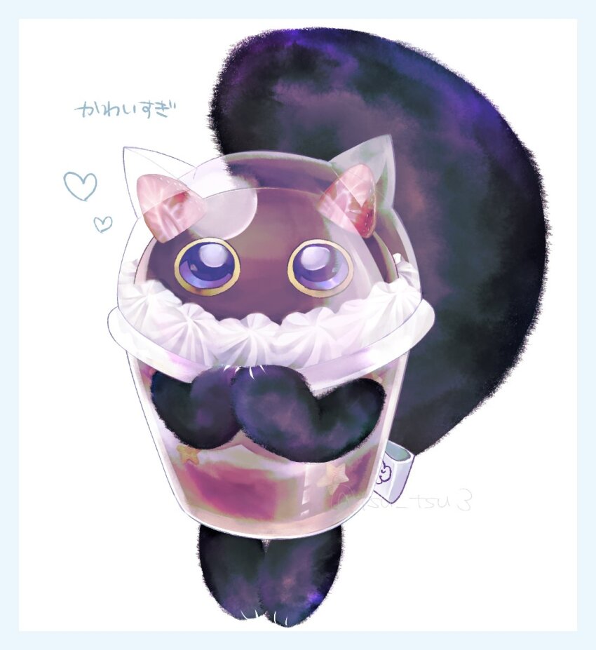 animal-themed_food animal_focus black_fur cat cup cupsie_yummy disposable_cup duel_monster food fruit highres ice_cream no_humans retsuzaki strawberry white_background yu-gi-oh!