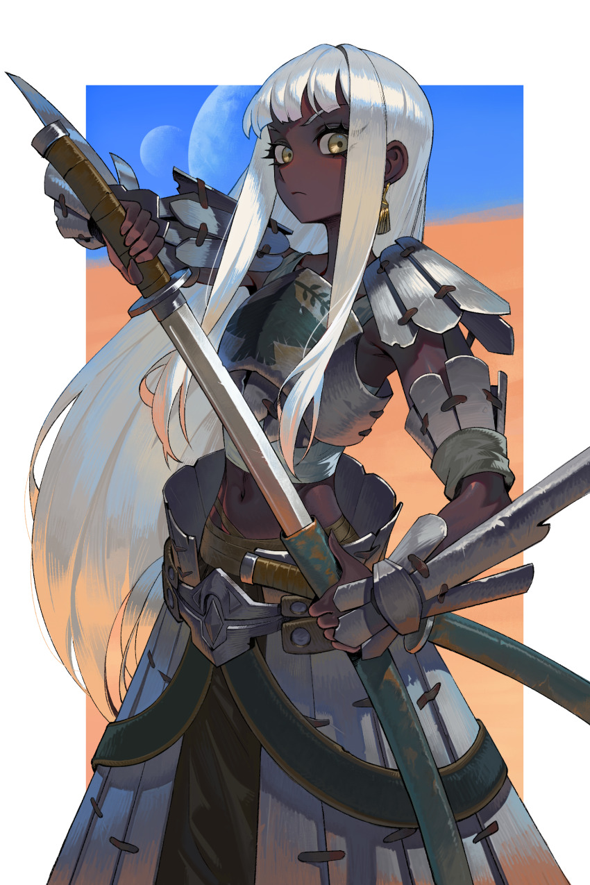 1girl absurdres armor blunt_bangs border breastplate commentary cowboy_shot dark-skinned_female dark_skin earrings english_commentary faulds gemi_ningen gold_earrings highres holding holding_sword holding_weapon jewelry katana kenshi lamellar_armor long_hair looking_at_viewer midriff navel plate_armor scabbard sheath shoulder_armor sidelocks solo sword unsheathing very_dark_skin weapon white_border white_hair yellow_eyes
