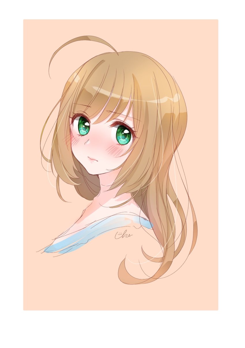 1girl ahoge blending blonde_hair blush cropped_torso expressionless full-face_blush green_eyes highres huge_ahoge idolmaster idolmaster_cinderella_girls looking_at_viewer portrait sato_shin simple_background solo two-tone_background uika310p