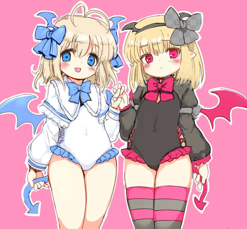 2girls ahoge ajitarou_(setsu) alternate_costume angel_feather_alma blonde_hair blue_eyes dark_feather_alma demon_wings emil_chronicle_online frilled_leotard frills hair_ornament hair_ribbon leotard looking_at_viewer multiple_girls pointy_ears red_eyes ribbon sketch striped_clothes striped_thighhighs thighhighs thighs wings