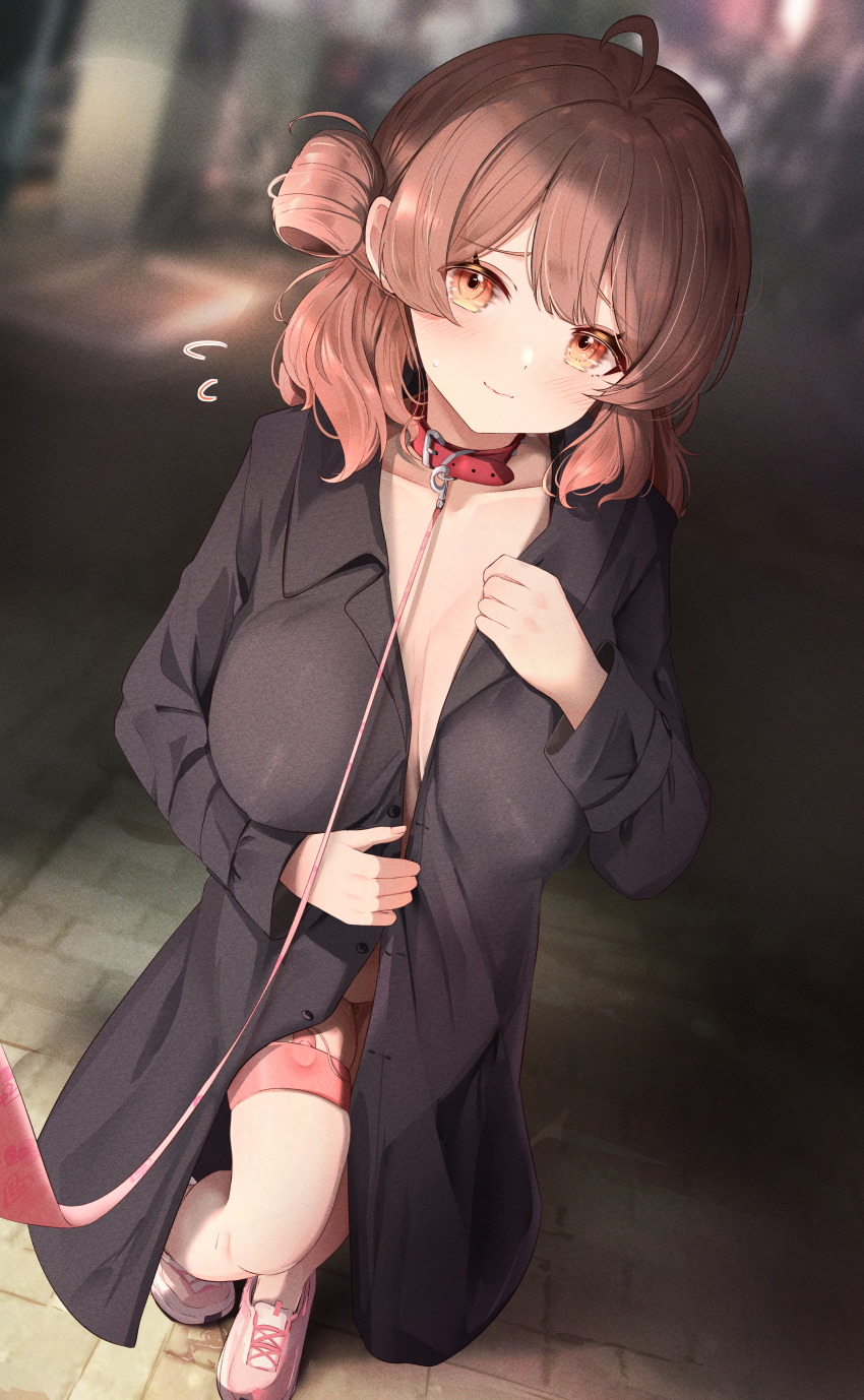1girl absurdres ahoge animal_collar bdsm black_coat blurry blurry_background breasts brown_hair coat collar collarbone commentary_request covered_erect_nipples egg_vibrator exhibitionism flying_sweatdrops gakuen_idolmaster hanami_ume highres idolmaster large_breasts leash looking_at_viewer naked_coat outdoors pink_shoes public_indecency pussy_juice sex_toy shoes sky_cappuccino slave sneakers solo vibrator vibrator_in_thigh_strap viewer_holding_leash