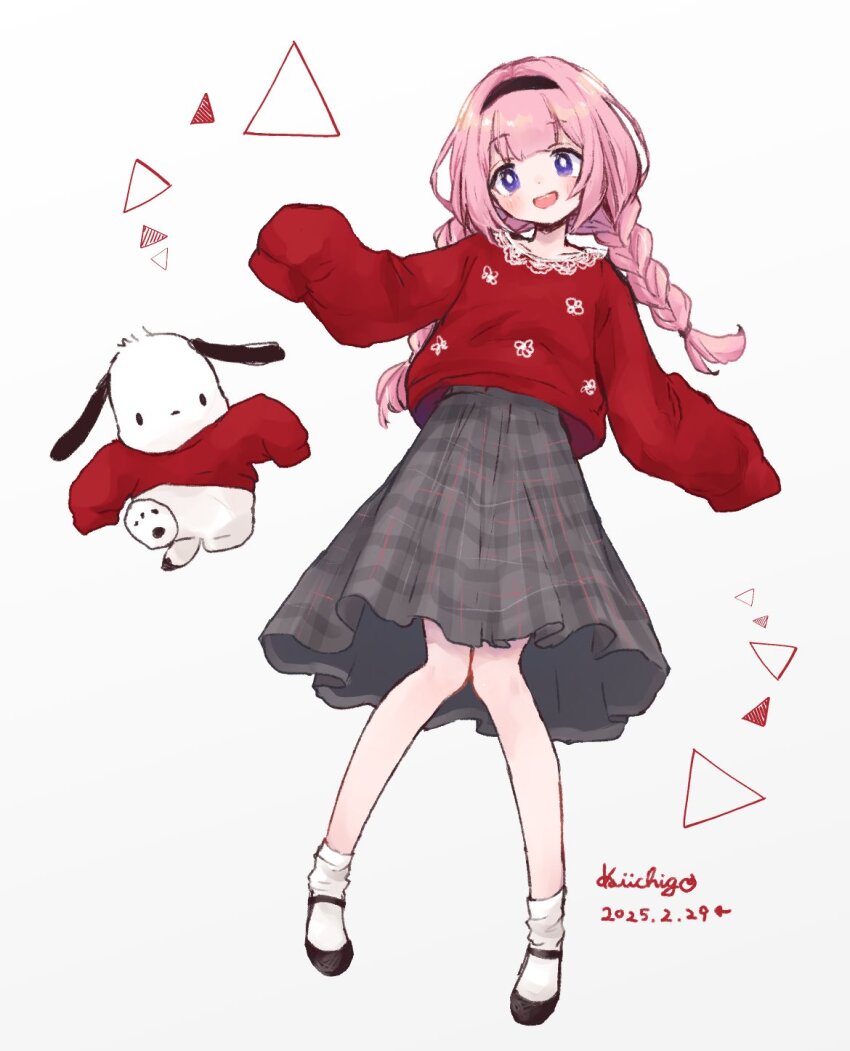 1girl 1st-mn black_hairband black_shoes blush braid dated full_body grey_skirt hairband highres looking_at_viewer nijisanji open_mouth pink_hair pochacco purple_eyes red_shirt sanrio shirt shoes signature skirt sleeves_past_fingers sleeves_past_wrists socks solo suo_sango virtual_youtuber white_background white_socks