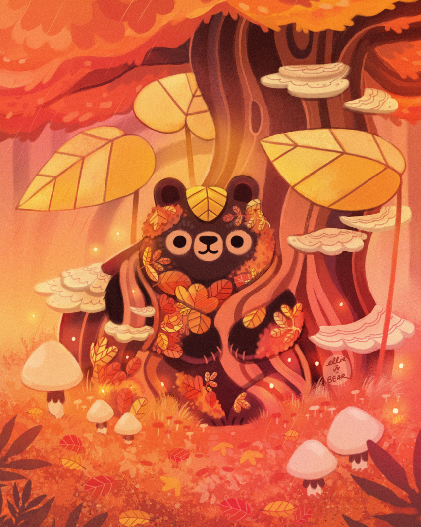 animal animal_ears artist_name autumn bear commentary ellievsbear english_commentary full_body highres holding leaf looking_at_viewer mushroom no_humans orange_theme original outdoors plant signature sitting smile solid_circle_eyes solo tree