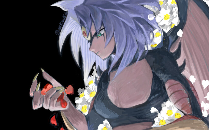 1other black_background breasts closed_mouth demon_wings fingernails flower green_eyes long_hair moiko multicolored_hair pectorals petals sharp_fingernails sideboob solo split-color_hair third_eye twitter_username white_flower wings yu-gi-oh! yu-gi-oh!_gx yubel