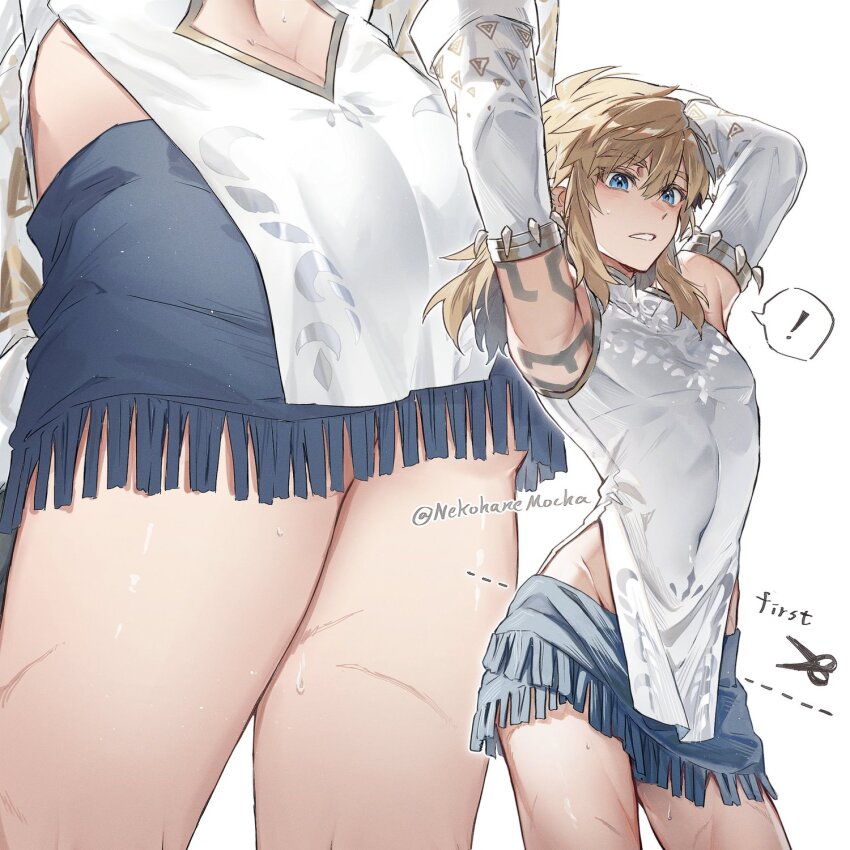 ! 1boy alternate_costume arms_up ass ass_cutout blonde_hair blue_eyes blue_skirt blush butt_crack clothing_cutout colored_eyelashes commentary covered_navel crossdressing detached_sleeves english_commentary hair_between_eyes highres light_particles link long_hair male_focus multiple_scars nekohanemocha nintendo pointy_ears scar scissors skirt solo speech_bubble standing sweat the_legend_of_zelda the_legend_of_zelda:_tears_of_the_kingdom thigh_focus thighs trap twitter_username white_background