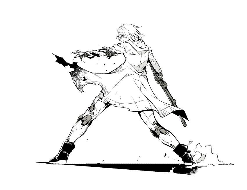 1girl android battle battle_damage blau_(mechanical_buddy_universe) coat damaged gun hair_between_eyes highres holding holding_gun holding_weapon humanoid_robot joints kato_takuji long_sleeves mecha mechanical_arms mechanical_buddy_universe mechanical_legs monochrome overcoat robot robot_joints science_fiction short_hair torn_clothes weapon