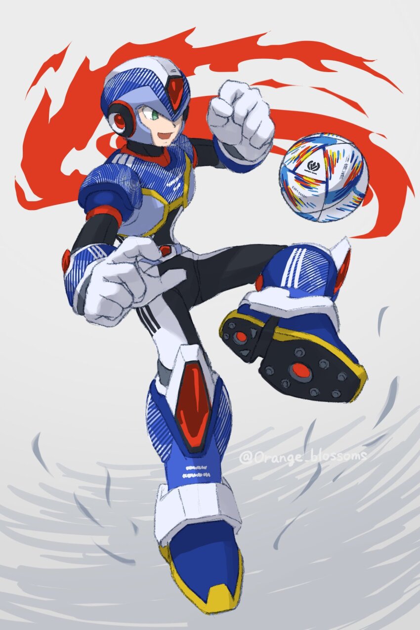1boy android armor ball blue_armor blue_helmet clothes_writing energy_cape forehead_jewel full_body gloves green_eyes helmet highres japanese_national_soccer_uniform jewelry mega_man_(series) mega_man_x:_command_mission mega_man_x_(series) new_armor_x_(mega_man) open_mouth orange_blossoms(megaman) red_scarf robot robot_ears scarf simple_background smile soccer soccer_ball soccer_uniform solo sportswear white_background white_gloves x_(mega_man)